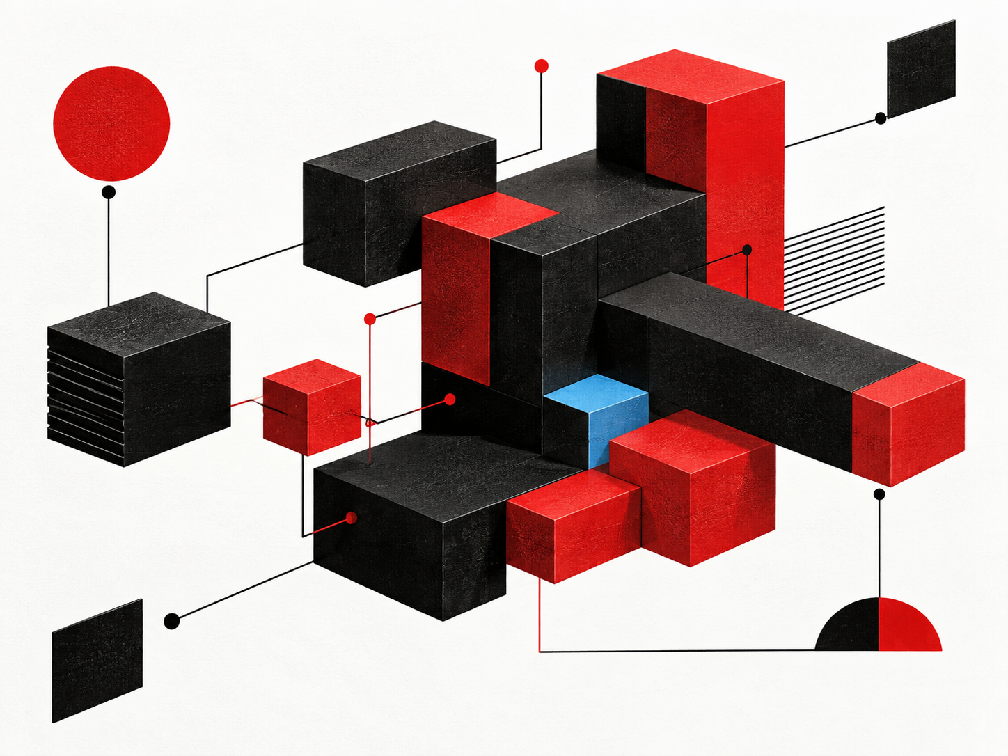 Blocs rouges et noirs interconnectés représentant un système budgétaire
