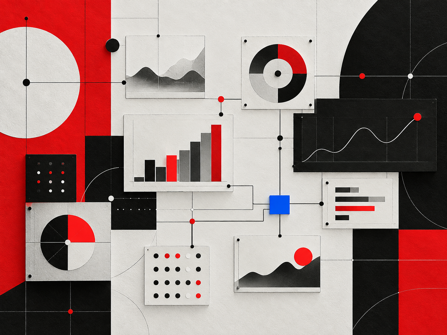 Réseau abstrait de modules de reporting rouge noir et bleu